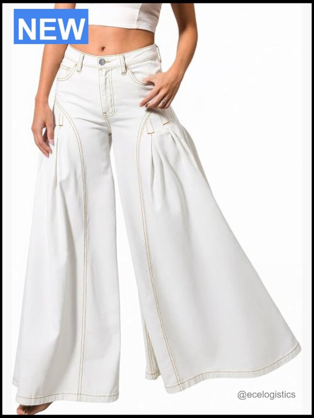 High Waist Stretch Wide Leg Bell Bottom Jeans Flare Pleated Vintage Casual